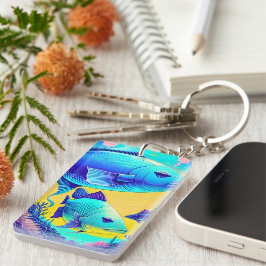 Levendige Deep Blue Vissen Acryl Sleutelhanger (Voorkant Rechts)