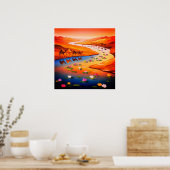 Levendige Desert Oasis Schilderij met Camel Carava Poster (Keuken)