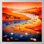 Levendige Desert Oasis Schilderij met Camel Carava Poster (Voorkant)