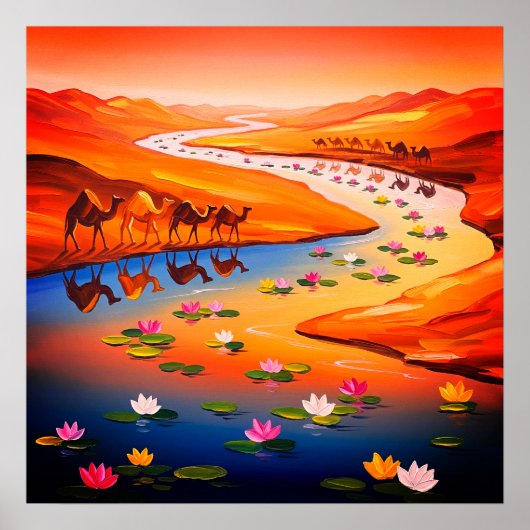 Levendige Desert Oasis Schilderij met Camel Carava Poster (Voorkant)