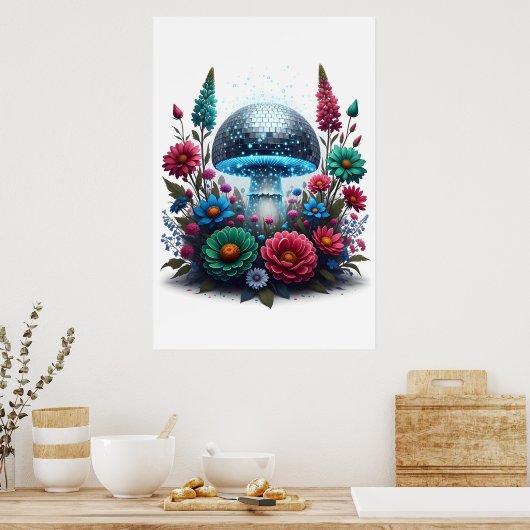 Levendige Digitale Disco Ball Mushroom Poster (Keuken)