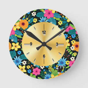 Levendige Ditsy Bloemen Bloemmotief Ontwerp-43785 Ronde Klok