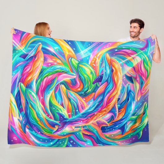 Levendige Dolfijn Droomlandschap – Psychedelische Fleece Deken (In situ)