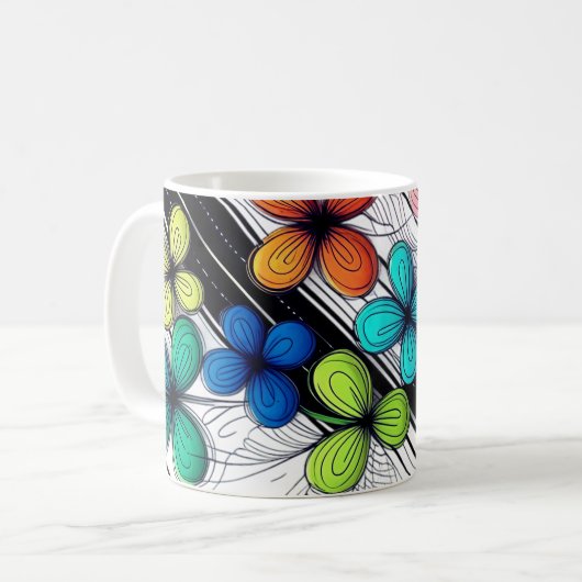 Levendige Doodle Floral Art – Kleurrijke Mode Koffiemok (Voorkant links)