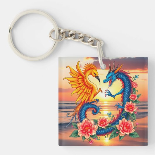 Levendige Draak en Phoenix Kunstwerk met Bloem Sleutelhanger (Voorkant)
