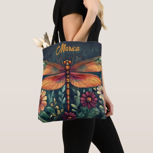 Levendige Dragonfly Bloemtinten Sinaasappel Rood G Tote Bag (Dichtbij)