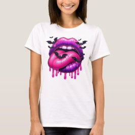 Levendige druipende lippen met vleermuizen t-shirt