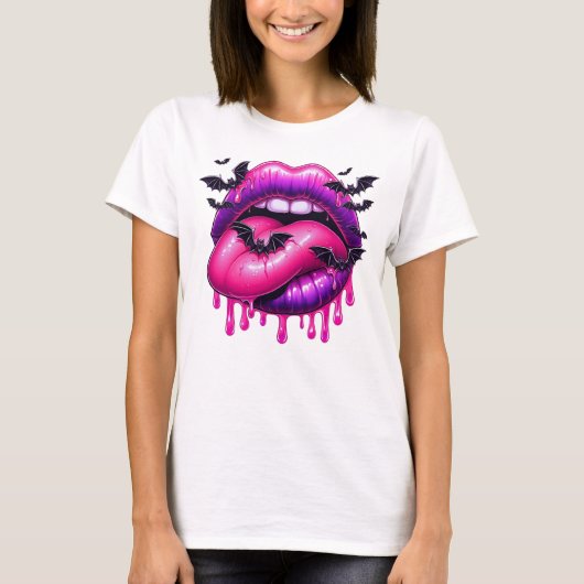 Levendige druipende lippen met vleermuizen t-shirt (Voorkant)