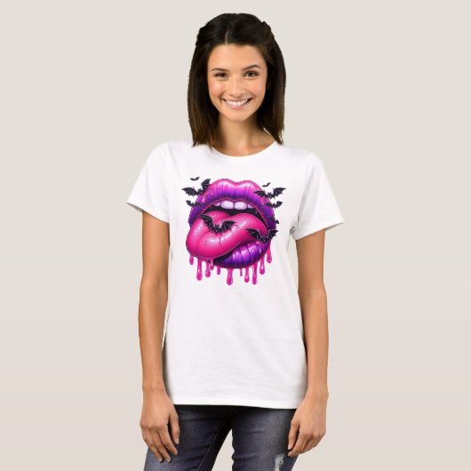 Levendige druipende lippen met vleermuizen t-shirt (Voorkant volledig)