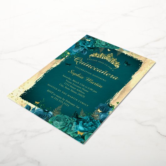 Levendige Elegante Bloemenvlinder Blauwgroen Quinc Folie Uitnodiging (Gedraaid)