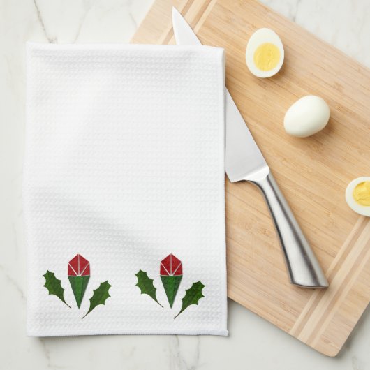 Levendige Elegante Rode Rozen & Groene Holly Handd Theedoek (Quarter Fold)
