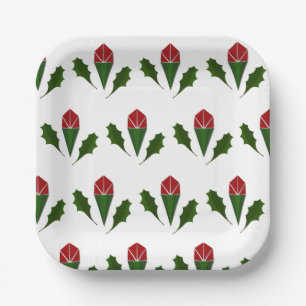 Levendige Elegante Rode Rozen & Groene Holly Patro Papieren Bordje