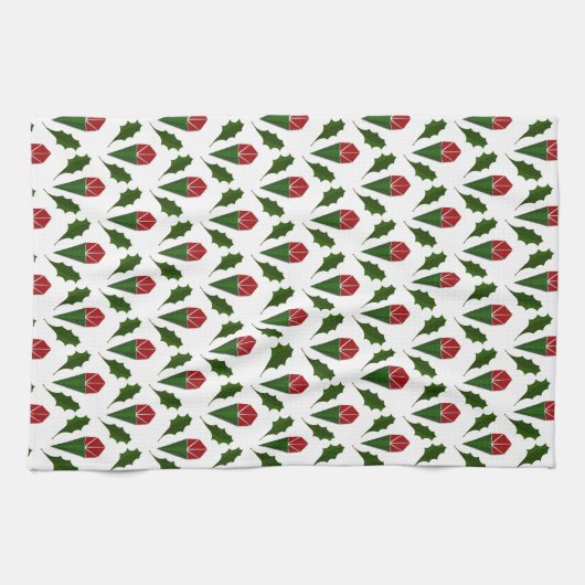 Levendige Elegante Rode Rozen & Groene Holly Patro Theedoek (Horizontaal)