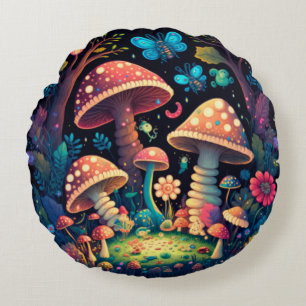 Levendige elven spelen onder paddenstoelen rond kussen
