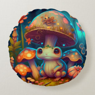 Levendige elven spelen onder paddenstoelen rond kussen