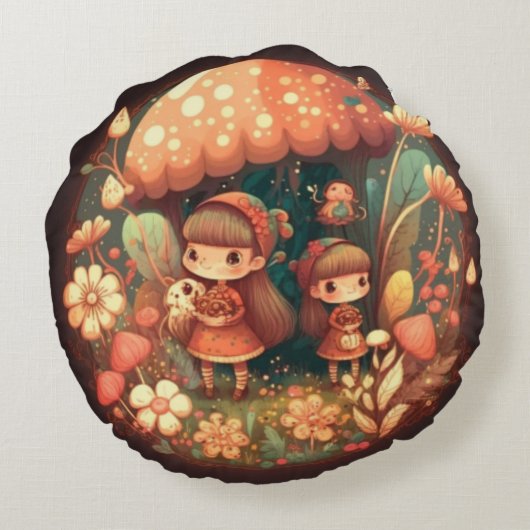 Levendige elven spelen onder paddenstoelen rond rond kussen (Achterkant)