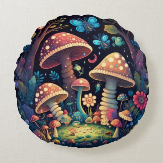 Levendige elven spelen onder paddenstoelen rond rond kussen (Voorkant)
