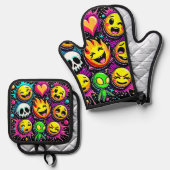 Levendige Emoji Pop Art Ovenwant & Pannenlap Set (Voorkant / Achterkant)