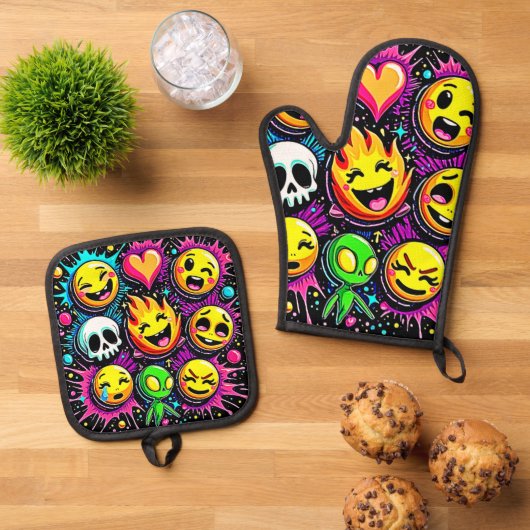 Levendige Emoji Pop Art Ovenwant & Pannenlap Set (Top down)