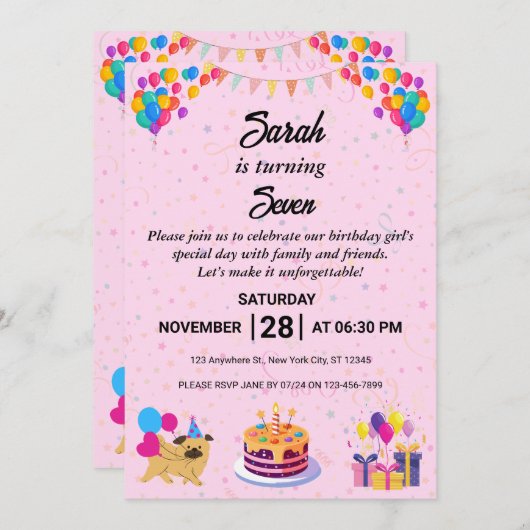 Levendige en feestelijke verjaardagsviering uitnod kaart (Voorkant / Achterkant)