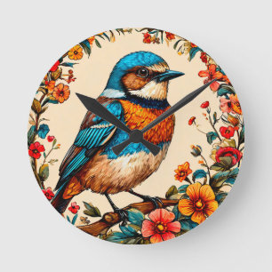 Levendige en kleurrijke illustratie van een vogel ronde klok