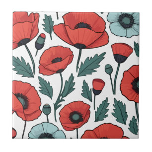 Levendige en rode Poppy Bloemen Illustratiepatroon Tegeltje