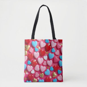 Levendige en vrolijke opstelling van harten tote bag