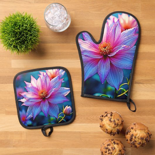 Levendige etherische bloei artwork ovenwant & pannenlap set (Top down)