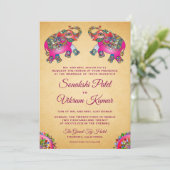 Levendige etnische roze olifanten Indiaas huwelijk Kaart (Staand voorkant)