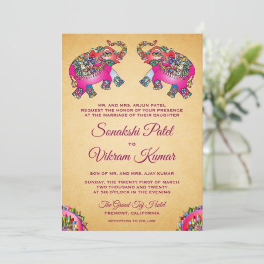 Levendige etnische roze olifanten Indiaas huwelijk Kaart (Staand voorkant)