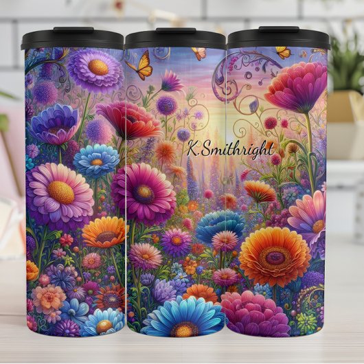 Levendige Fantasy Flower Meadow Sunset Thermosbeker