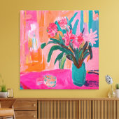 Levendige Fauvist Vaas van roze bloemen Canvas Afdruk (Insitu (Woonkamer))
