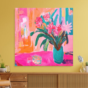 Levendige Fauvist Vaas van roze bloemen Canvas Afdruk