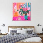 Levendige Fauvist Vaas van roze bloemen Canvas Afdruk (Insitu (Slaapkamer))