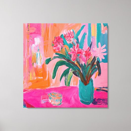 Levendige Fauvist Vaas van roze bloemen Canvas Afdruk (Voorkant)