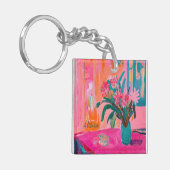 Levendige Fauvist Vaas van roze bloemen Sleutelhanger (Voorkant Links)