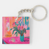 Levendige Fauvist Vaas van roze bloemen Sleutelhanger (Achterkant)