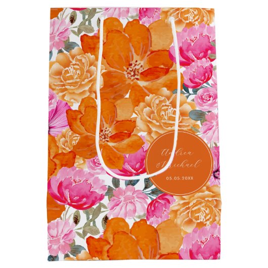 Levendige felroze Sinaasappel bloemenbruiloft guns Medium Cadeauzakje (Achterkant)