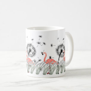Levendige flamingo met paardenbloem en rood gras koffiemok