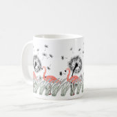Levendige flamingo met paardenbloem en rood gras koffiemok (Voorkant links)