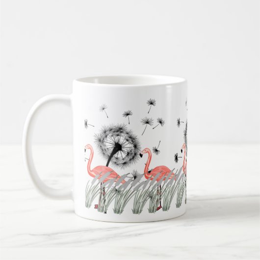 Levendige flamingo met paardenbloem en rood gras koffiemok (Links)
