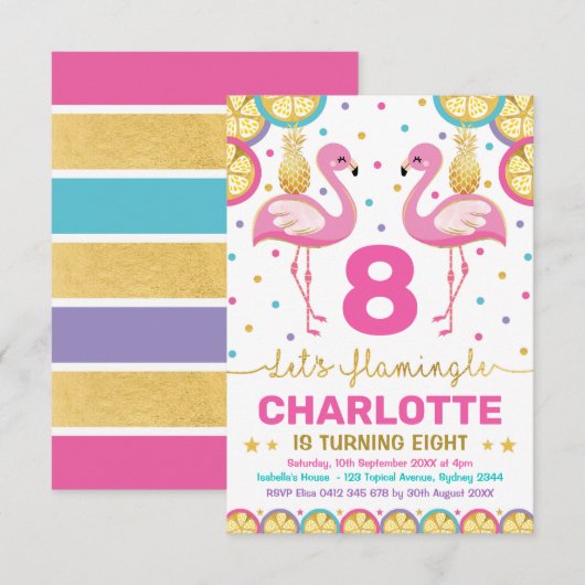 Levendige Flamingo Tropische Verjaardag Pool Party Kaart (Voorkant / Achterkant)