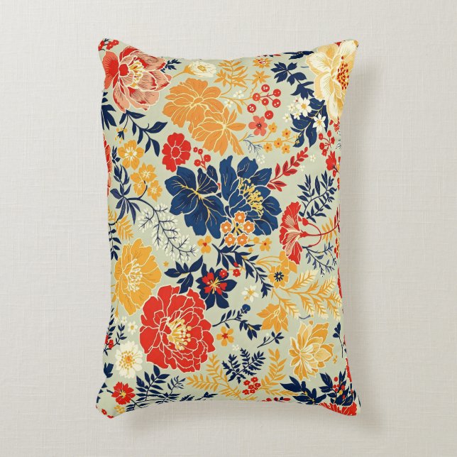 Levendige flora rood, geel en blauw op wit accent kussen (Voorkant(Verticaal))