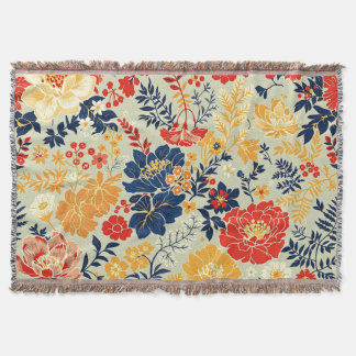 Levendige flora rood, geel en blauw op wit deken