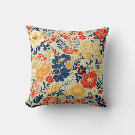 Levendige flora rood, geel en blauw op wit kussen