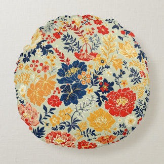 Levendige flora rood, geel en blauw op wit rond kussen