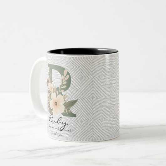 Levendige Floral Boho Chic Monogram Mok voor Ruby (Voorkant links)