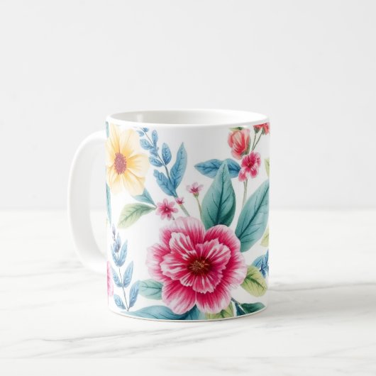 Levendige Floral Coffee Mok – Waterverf Flowers (Voorkant links)