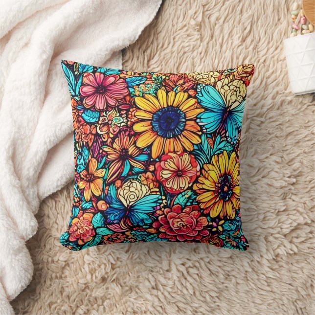 Levendige Floral Doodle Explosion Kussen (Deken)