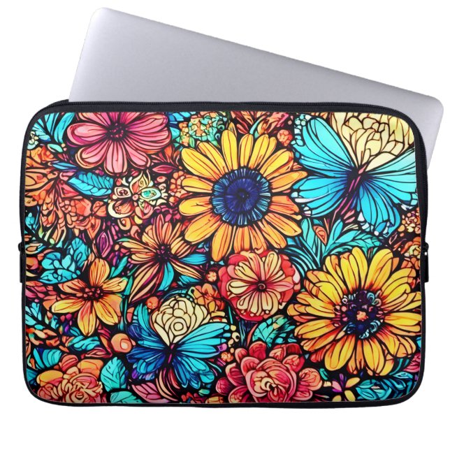 Levendige Floral Doodle Explosion Laptop Sleeve (Voorkant)